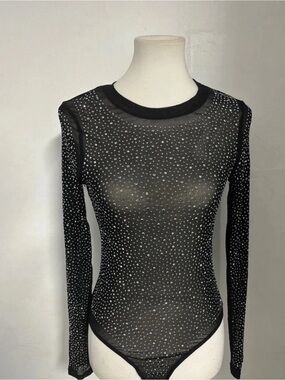 chic Black Long-Sleeve Sheer Rhinestone Bodysuit